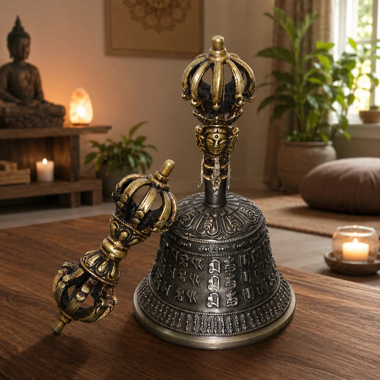 Tibetan Bell & Vajra Set, Handmade Brass Buddhist Altar Decor