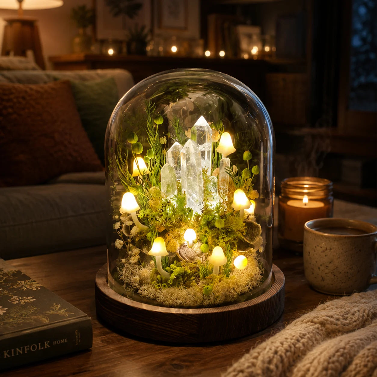 Mystical Crystal Garden Lamp with Glowing Mushrooms & Glass Cloche Decor