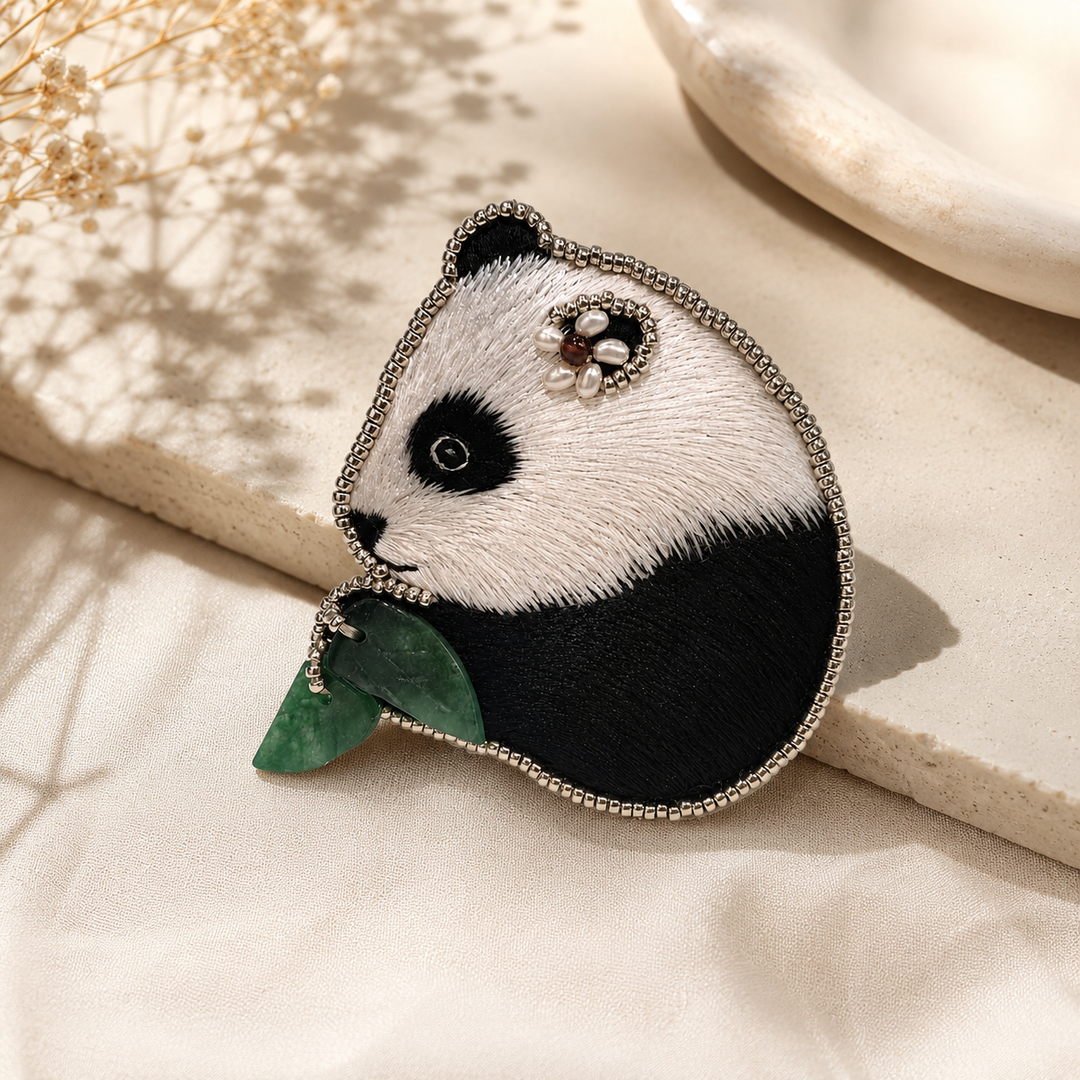 Cute Handmade Panda Embroidered Brooch with Jade Leaf