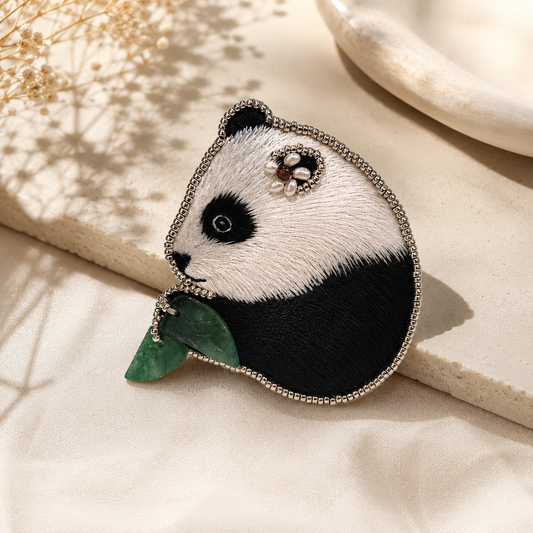 Cute Handmade Panda Embroidered Brooch with Jade Leaf