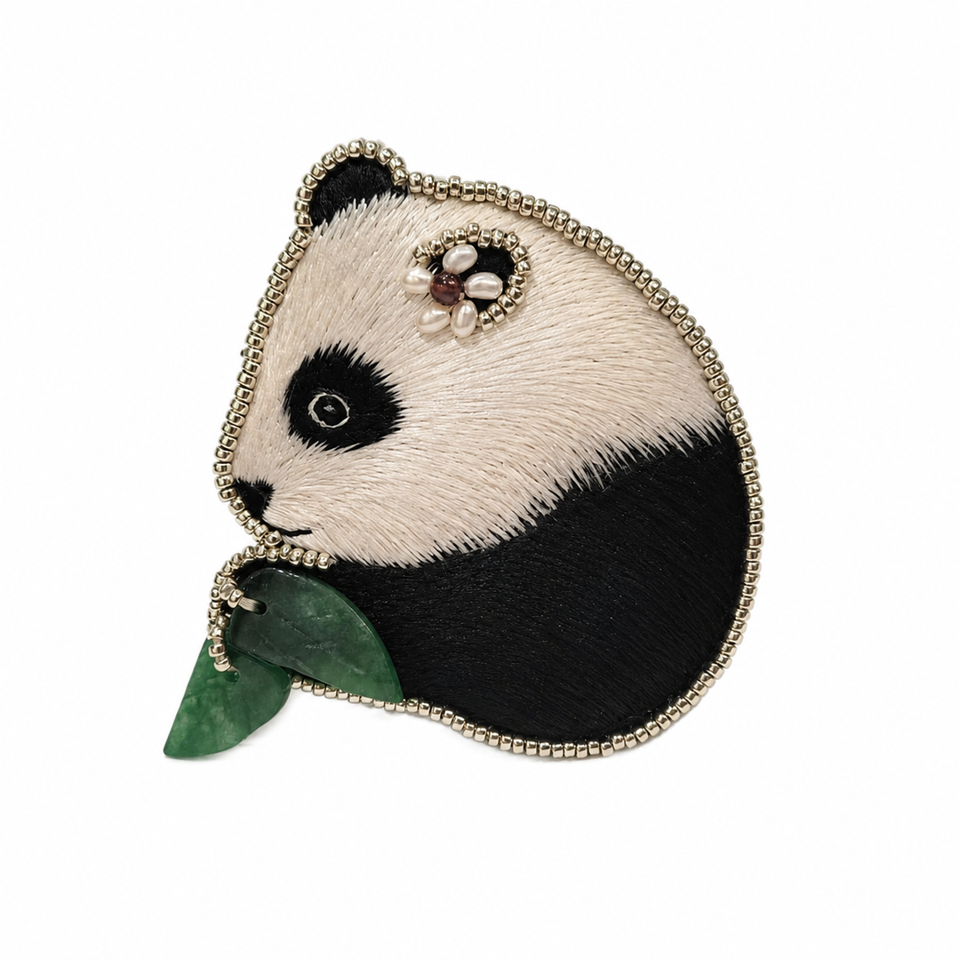 Cute Handmade Panda Embroidered Brooch with Jade Leaf