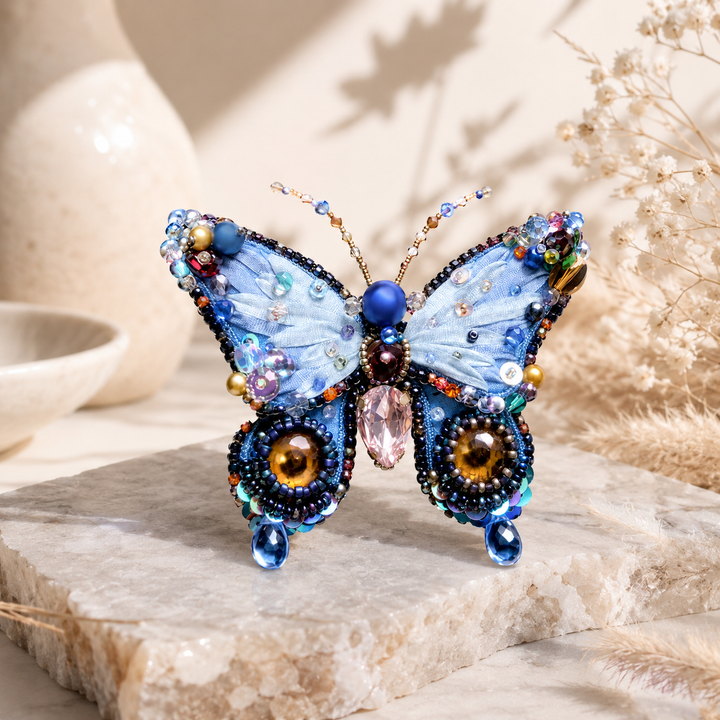 Handmade Blue Butterfly Brooch – Vintage Crystal Beaded Statement Pin