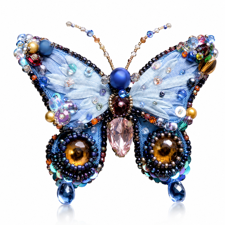Handmade Blue Butterfly Brooch – Vintage Crystal Beaded Statement Pin