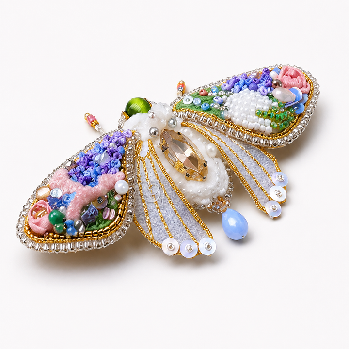Luxury Handmade Embroidered Moth Brooch with Pearls & Crystals