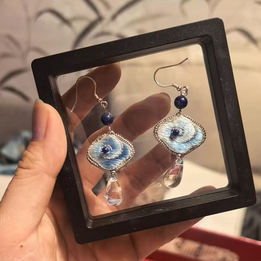 Handcrafted Su Embroidery Gemstone Earrings