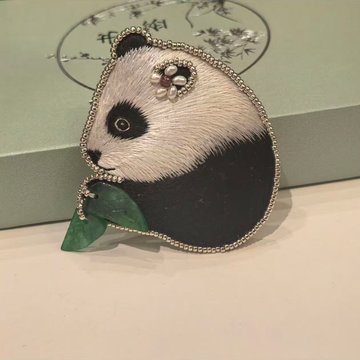 Cute Handmade Panda Embroidered Brooch with Jade Leaf