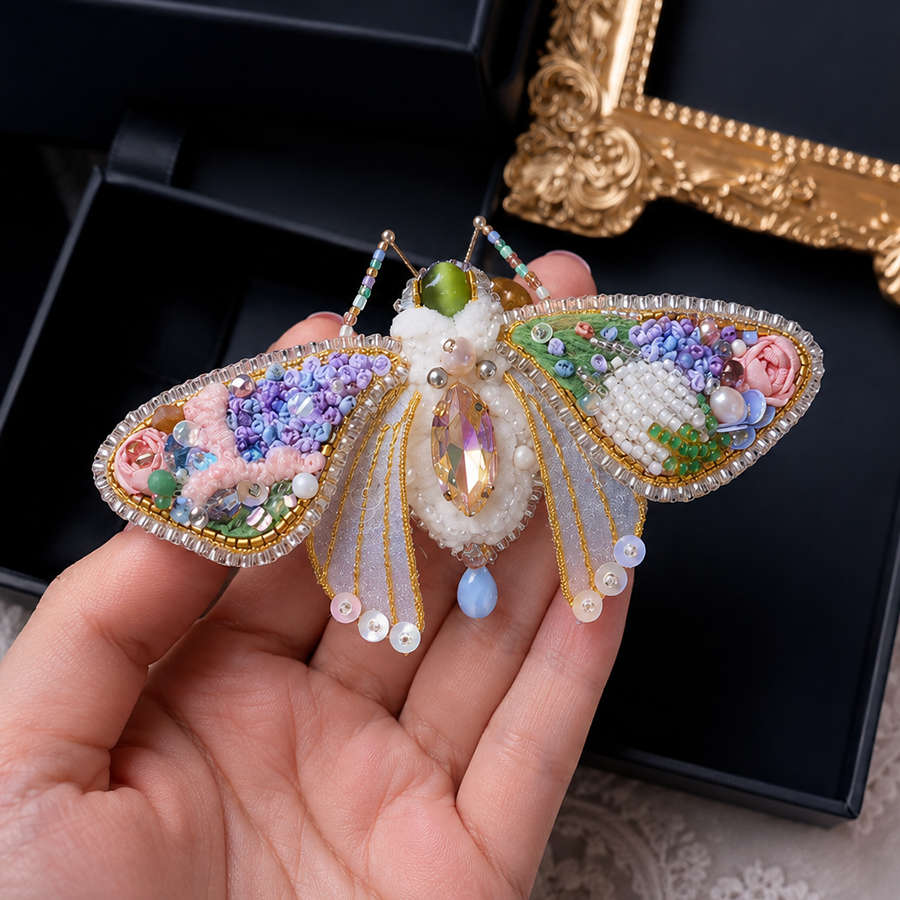 Luxury Handmade Embroidered Moth Brooch with Pearls & Crystals
