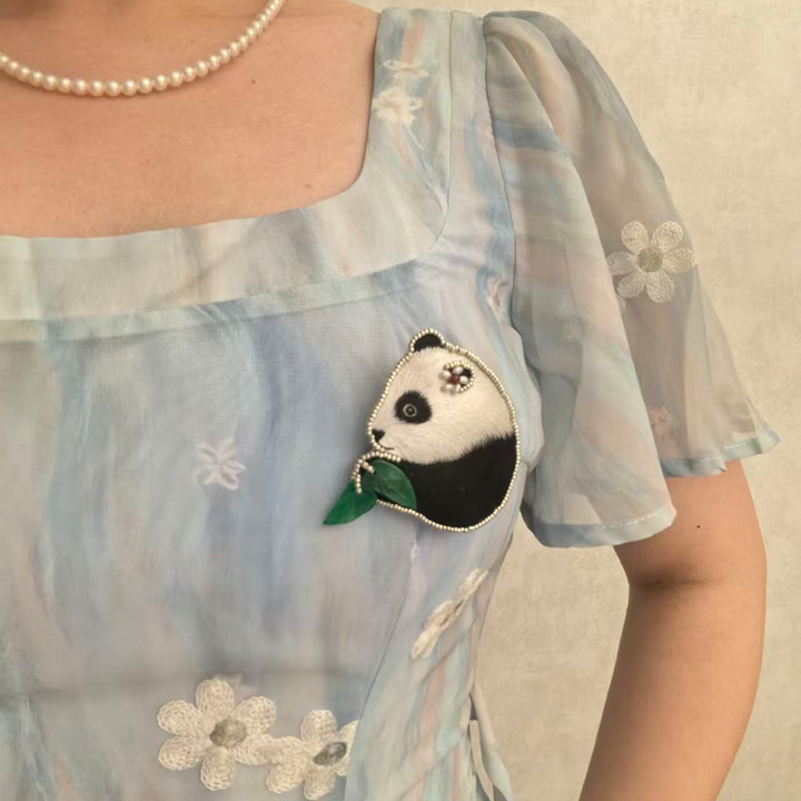 Cute Handmade Panda Embroidered Brooch with Jade Leaf