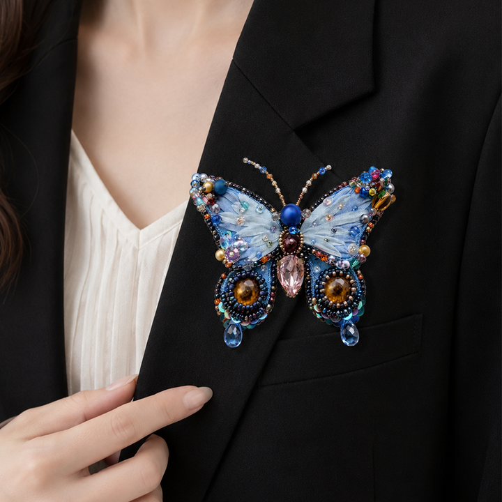 Handmade Blue Butterfly Brooch – Vintage Crystal Beaded Statement Pin