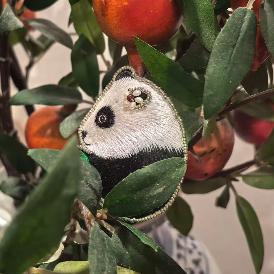 Cute Handmade Panda Embroidered Brooch with Jade Leaf