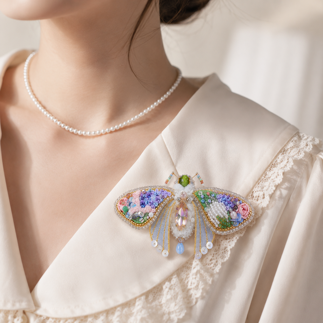 Luxury Handmade Embroidered Moth Brooch with Pearls & Crystals