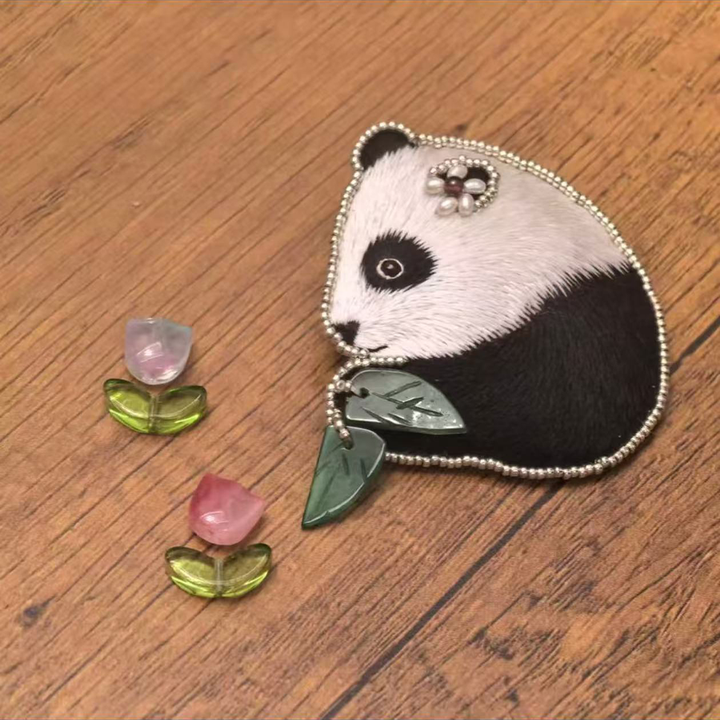 Cute Handmade Panda Embroidered Brooch with Jade Leaf