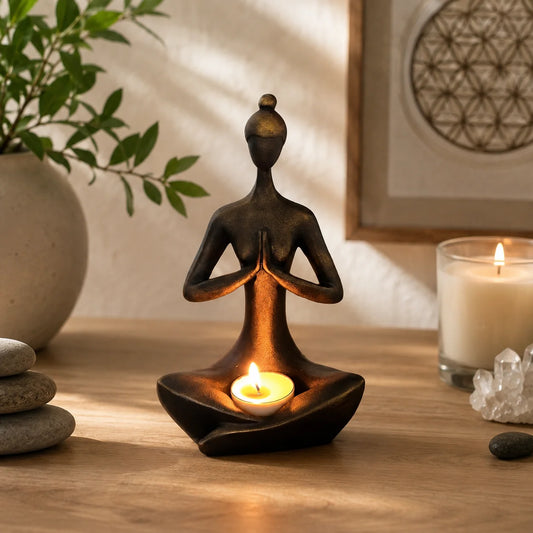 Meditation Candle Holder Statue, Yoga Zen Figurine Tea Light Holder for Mindfulness and Home Decor