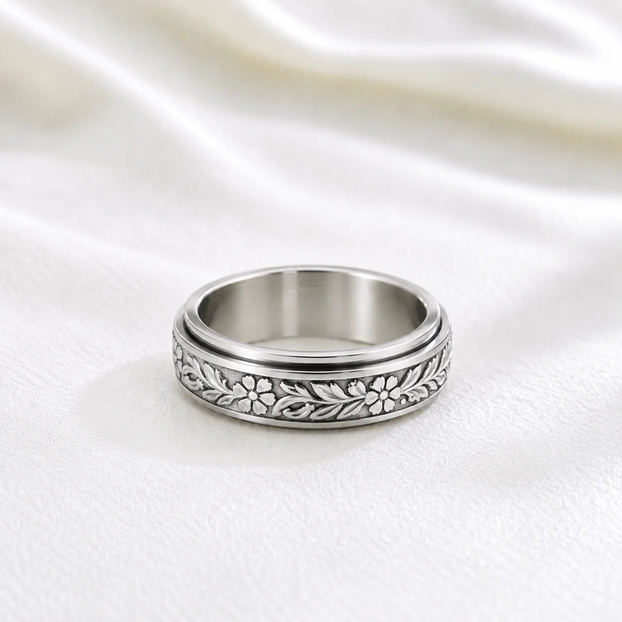 Stainless Steel Floral Leaf Spinner Ring for Anxiety
