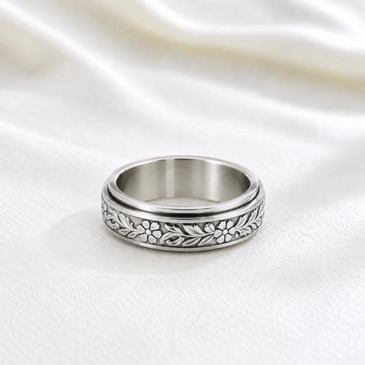 Stainless Steel Floral Leaf Spinner Ring for Anxiety