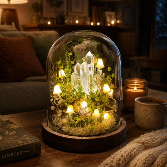 Mystical Crystal Garden Lamp with Glowing Mushrooms & Glass Cloche Decor